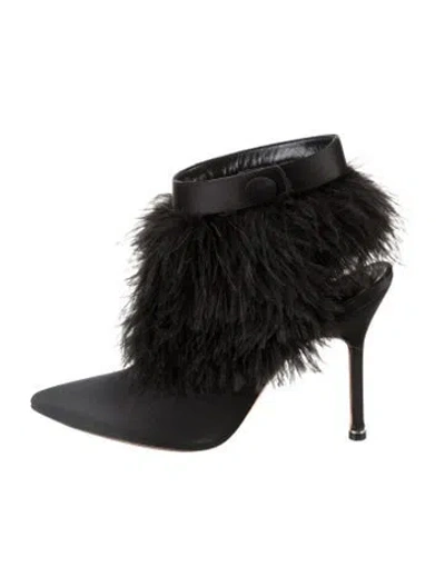 Pre-owned Manolo Blahnik Satin Feather Trim Mules In Black