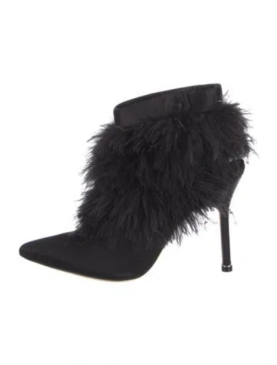 Pre-owned Manolo Blahnik Satin Feather Trim Mules In Black