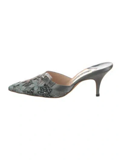 Pre-owned Manolo Blahnik Satin Floral Print Mules In Green