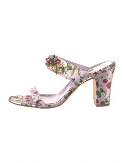 Pre-owned Manolo Blahnik Satin Floral Print Slides In Blue