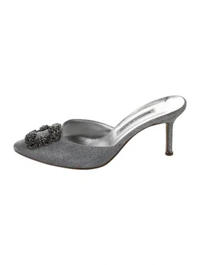 Pre-owned Manolo Blahnik Satin Glitter Accents Mules In Silver