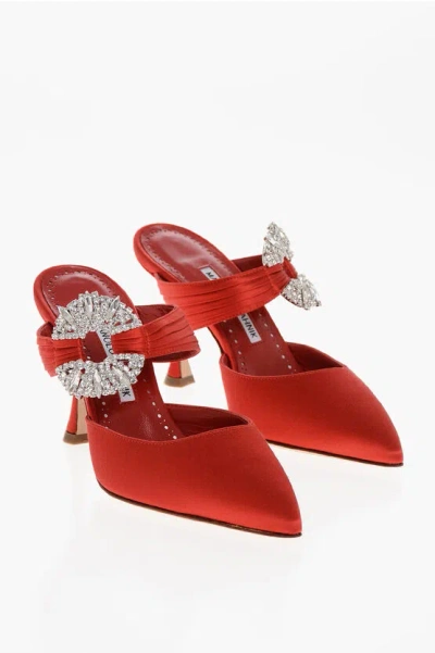 Manolo Blahnik Satin Maidugura Mules With Jewel Detail 9cm In Red