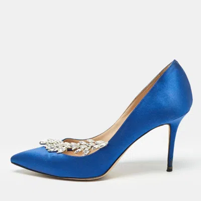 Pre-owned Manolo Blahnik Satin Nadira Crystal Embellished Pointed Toe Pumps Size 37.5 In Blue