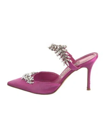 Pre-owned Manolo Blahnik Satin Patterned Mules In Purple