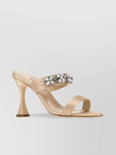 Manolo Blahnik Satin Pesan Mules Strap Embellished In Gold