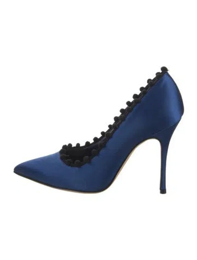 Pre-owned Manolo Blahnik Satin Pom-pom Embellishments Pumps In Blue