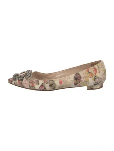 Pre-owned Manolo Blahnik Satin Printed Ballet Flats In White