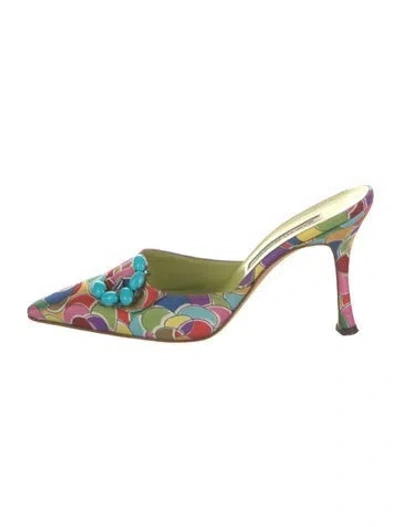 Pre-owned Manolo Blahnik Satin Printed Mules In Green