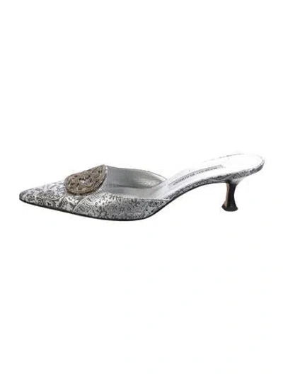Pre-owned Manolo Blahnik Satin Printed Mules In Silver