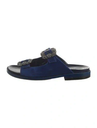 Pre-owned Manolo Blahnik Satin Printed Slides In Blue