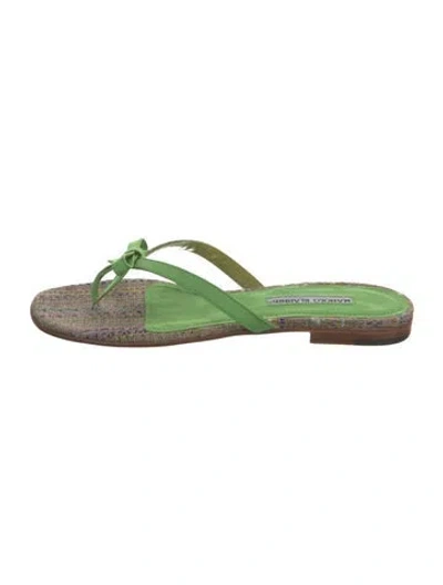 Pre-owned Manolo Blahnik Satin Printed Slides In Green