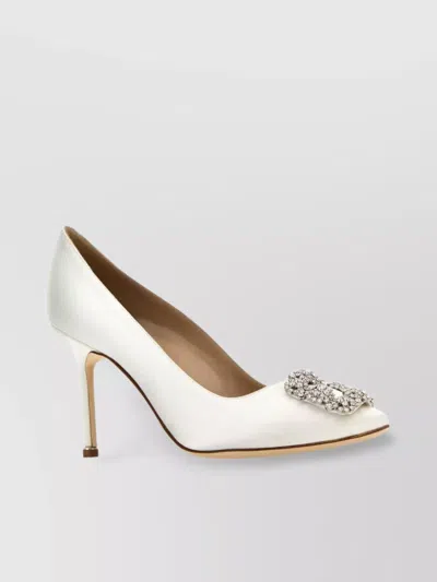Manolo Blahnik Satin Pumps With Embellished Detail And Stiletto Heel In White