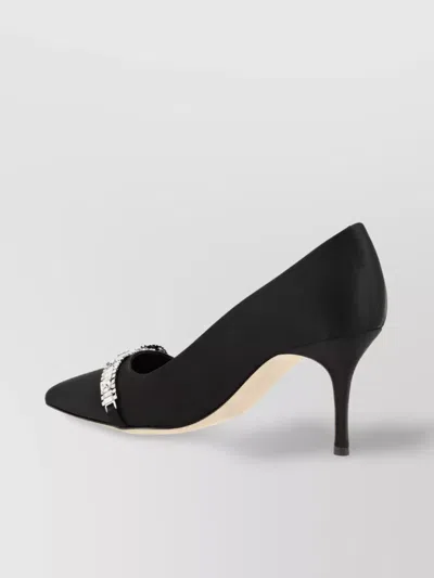 Manolo Blahnik Satin Rhinestone Buckle Almond Toe Pumps In Black