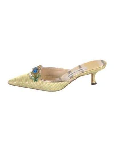 Pre-owned Manolo Blahnik Satin Striped Mules In Green