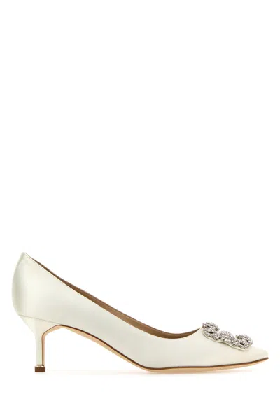 Manolo Blahnik Satin Pumps With Jewel Embellishment And Kitten Heel In White