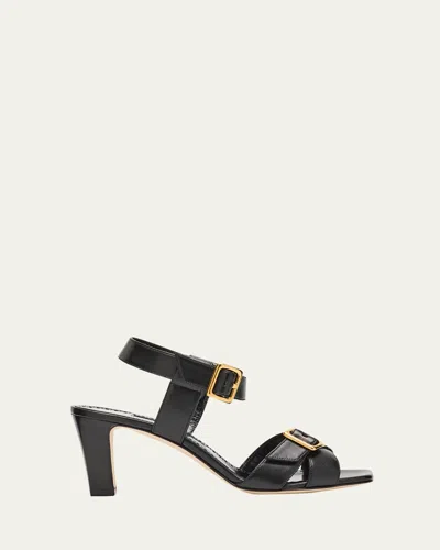 Manolo Blahnik Shbealo Leather Crisscross Buckle Sandals In Black