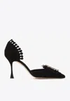 Manolo Blahnik Shog 90 Crystal Buckle Suede Pumps In Black