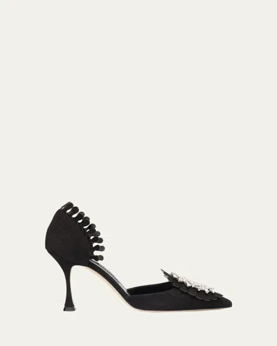 Manolo Blahnik Shog Suede Jewel-embellished Pumps In Black