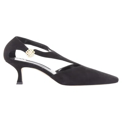Pre-owned Manolo Blahnik Shufta 50 Black Suede Pearl Button Kitten Heels Eu37