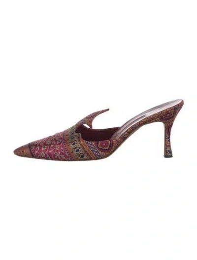 Pre-owned Manolo Blahnik Silk Printed Mules In Purple