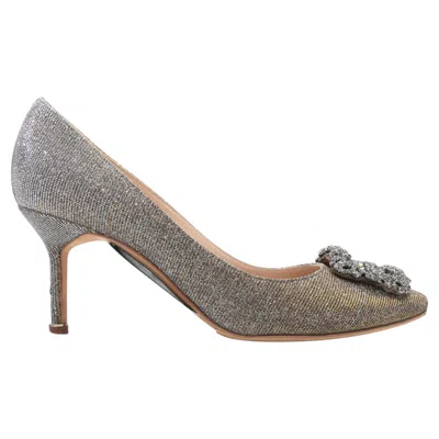 Pre-owned Manolo Blahnik Silver & Gold  Crystal Buckle Lam� Pumps Size 37 In Gray