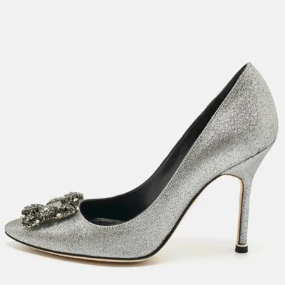 Manolo Blahnik Silver Lurex Fabric Hangisi Pumps In Gray