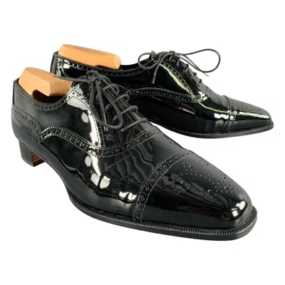 Pre-owned Manolo Blahnik Size 10.5 Black Perforated Patent Leather Cap Toe Shoes