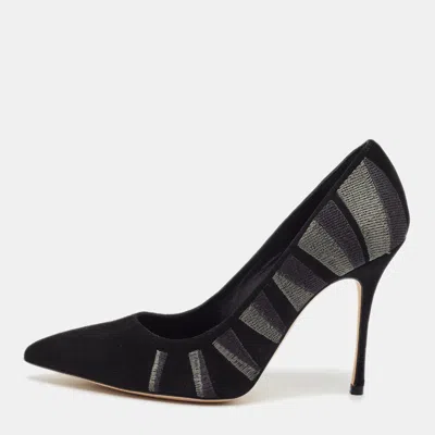 Pre-owned Manolo Blahnik Size 35 Black/grey Suede Embroidered Bb Pointed Toe Pumps