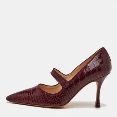 Pre-owned Manolo Blahnik Size 35.5 Burgundy Croc Embossed Leather Mary Jane Pumps