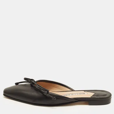 Pre-owned Manolo Blahnik Size 37 Black Leather Bow Flat Mules
