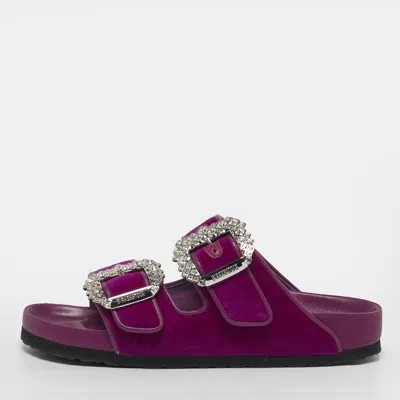 Pre-owned Manolo Blahnik Size 37 Purple Leather And Velvet Crystal Embellished Flat Sandals
