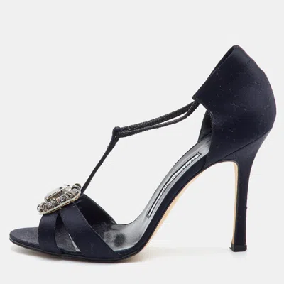 Pre-owned Manolo Blahnik Size 37.5 Black Satin Crystal Embellished Ankle Strap Sandals