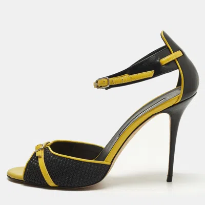 Pre-owned Manolo Blahnik Size 38 Black/yellow Woven Fabric And Leather Ankle Strap Sandals