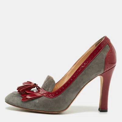 Pre-owned Manolo Blahnik Size 38 Grey/burgundy Brogue Patent Leather And Suede Tassel Pumps In Gray