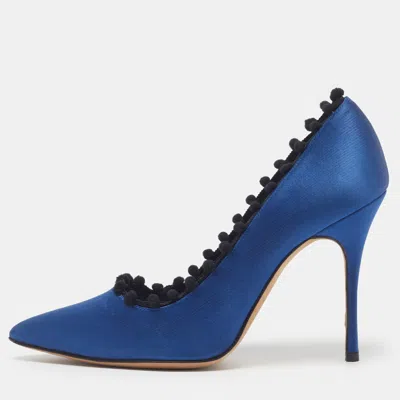 Pre-owned Manolo Blahnik Size 38 Navy Blue/black Satin Pom-pom Embellishments Pumps