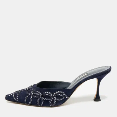Pre-owned Manolo Blahnik Size 38.5 Navy Blue Suede Mules