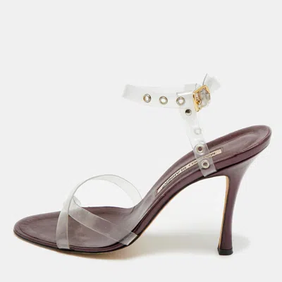 Pre-owned Manolo Blahnik Size 38.5 Transparent/metallic Leather And Pvc Ankle Strap Sandals