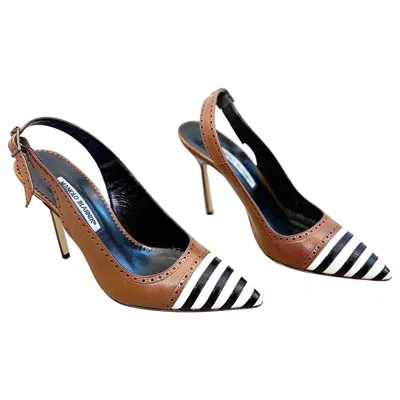 Pre-owned Manolo Blahnik Size 39 / 9 Brown Leather Black White Striped Toe Slingback Pumps