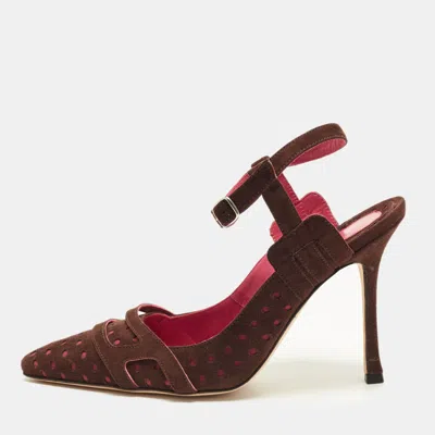 Pre-owned Manolo Blahnik Size 39 Brown/pink Suede Ankle Strap Pumps