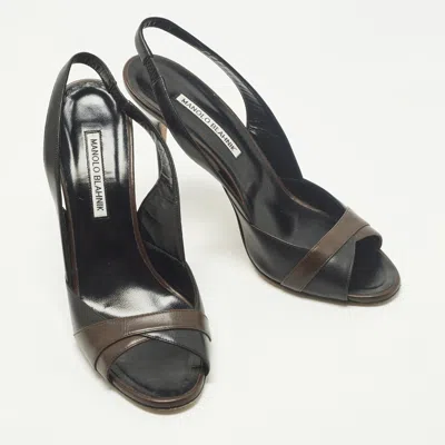 Pre-owned Manolo Blahnik Size 40 Brown/black Leather Peep Toe Slingback Pumps