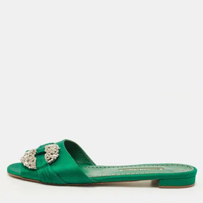 Pre-owned Manolo Blahnik Size 40.5 Green Satin Flat Slides