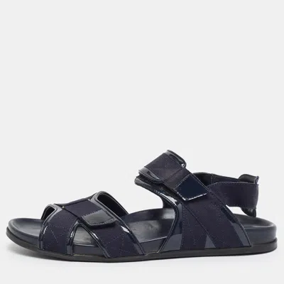 Pre-owned Manolo Blahnik Size 43 Navy Blue Canvas And Patent Leather Flat Sandals