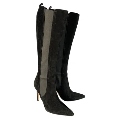 Pre-owned Manolo Blahnik Size 8.5 Black Suede Pull On Pointed Toe Stiletto Boots
