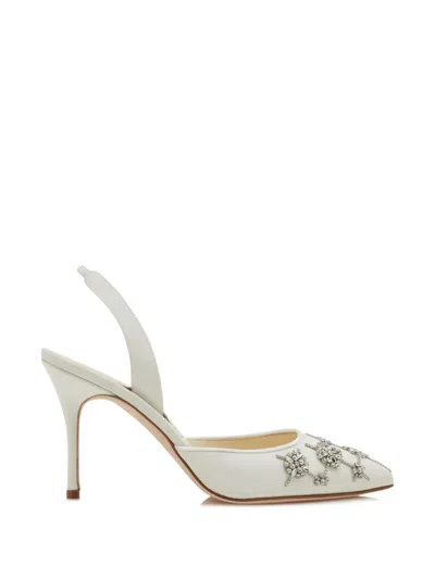 Manolo Blahnik 90mm Ralyne Embellished Satin Pumps In White