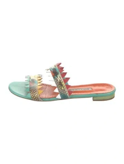 Pre-owned Manolo Blahnik Snakeskin Animal Print Slides In Blue