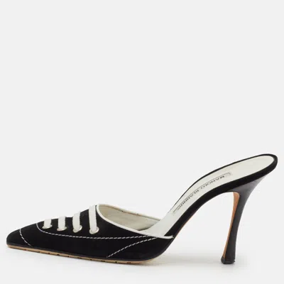 Pre-owned Manolo Blahnik Sneaklo Size 38 Black/white Suede Mules