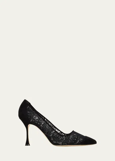 Manolo Blahnik Sololaria Pointed Lace Pumps In Black