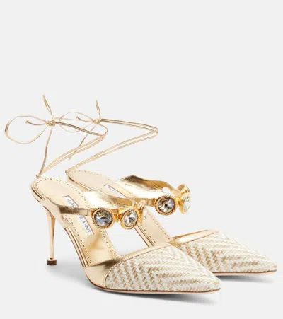 Manolo Blahnik Soria Metallic Leather And Raffia Pumps In Gold