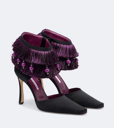Manolo Blahnik Sorolla 105 Fringed Bead-embellished Satin Pumps In Black