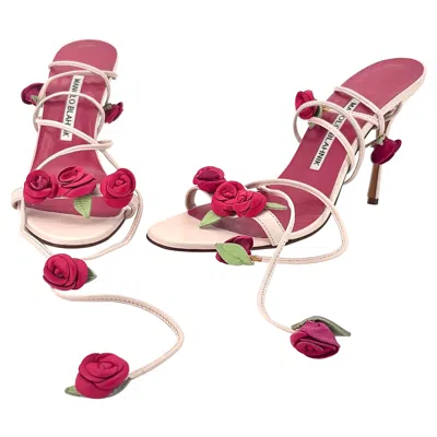 Pre-owned Manolo Blahnik Spring 2016 Xafiore Rose Ankle Strap Sandals 37 In Red